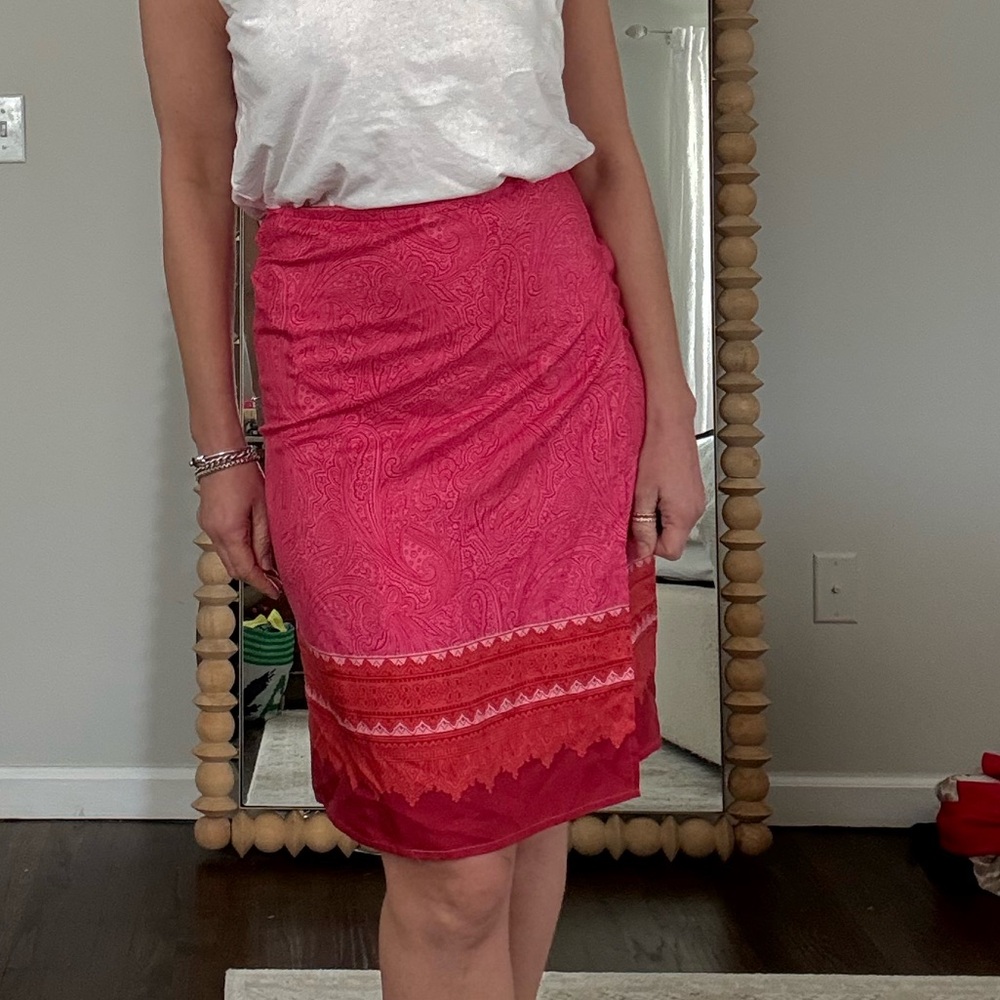 Express Pink and Red Paisley Wrap Silk Pencil Skirt